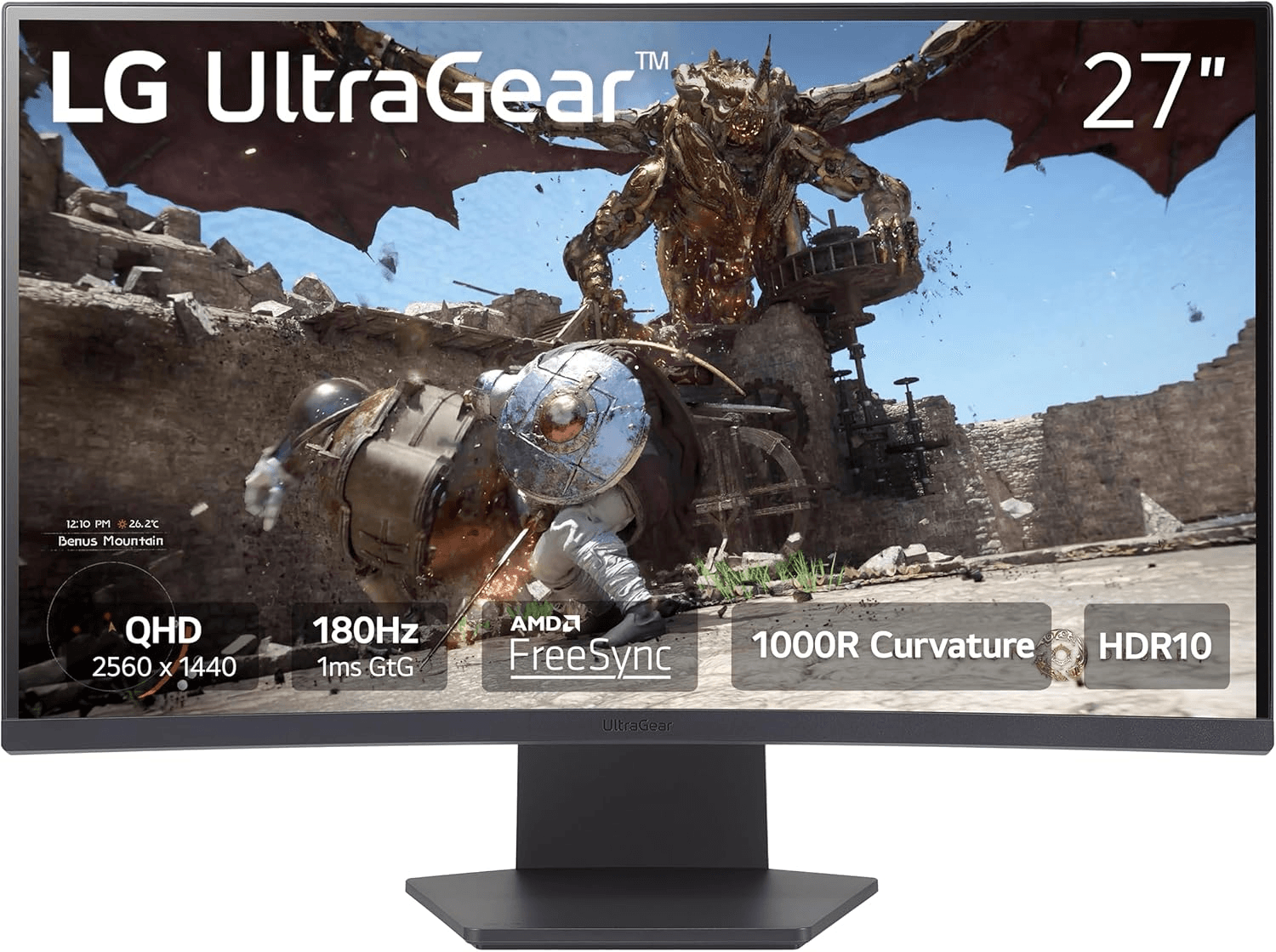LG 27GS60QC-B Ultragear Curved Gaming Monitor 27-Inch QHD (2560x1440) 180Hz 1ms 1000R AMD FreeSync HDR10 HDMIx2 DisplayPort Borderless Design Black Stabilizer DAS Crosshair FPS Counter - Black